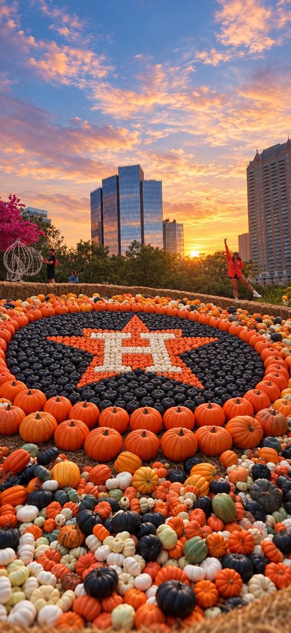 The Astros star and H laid out in orange, black and white pumpkins at sunset