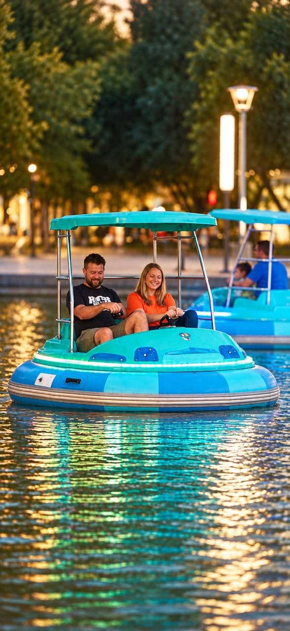 A couple steering a teal bumper boat across the lake at golden hour