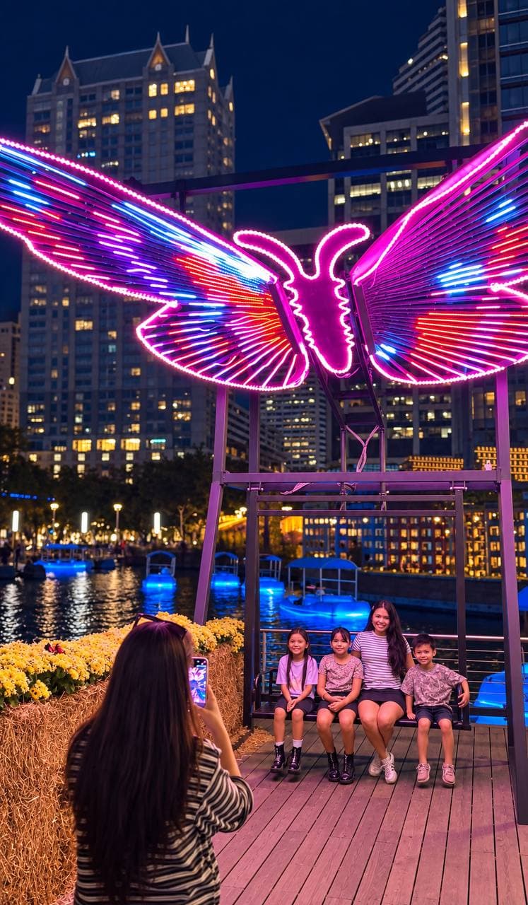 A family posing on a swing under giant neon butterfly wings by the lake at night