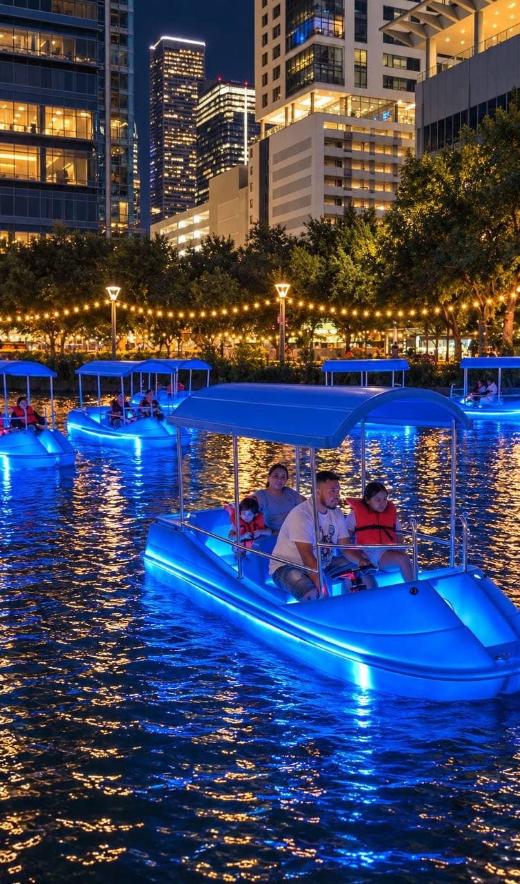 Families in glowing blue cruiser boats on the lake below the lit downtown skyline