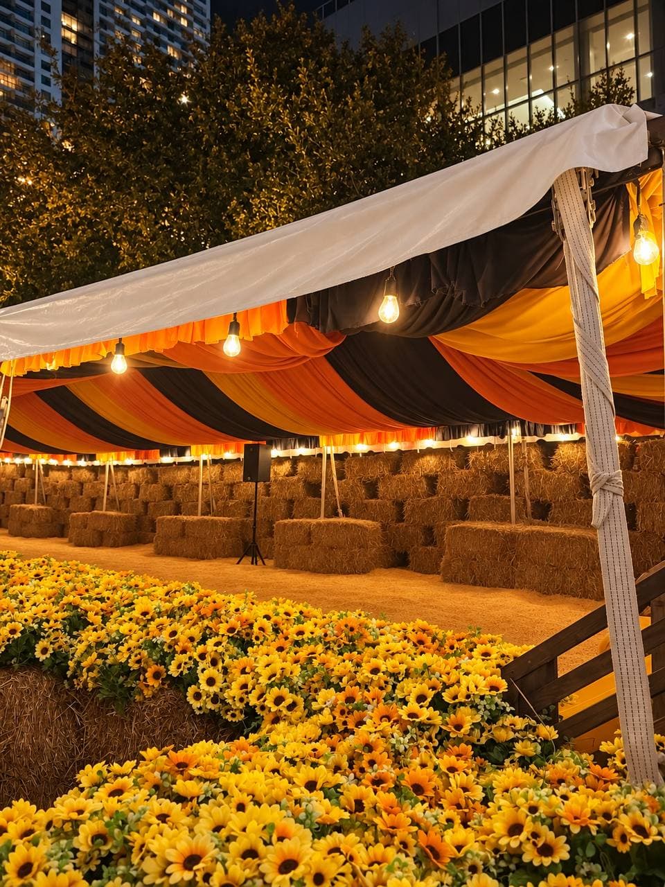 A striped orange and black tent over stacked hay bales, lit by string lights behind a bed of sunflowers
