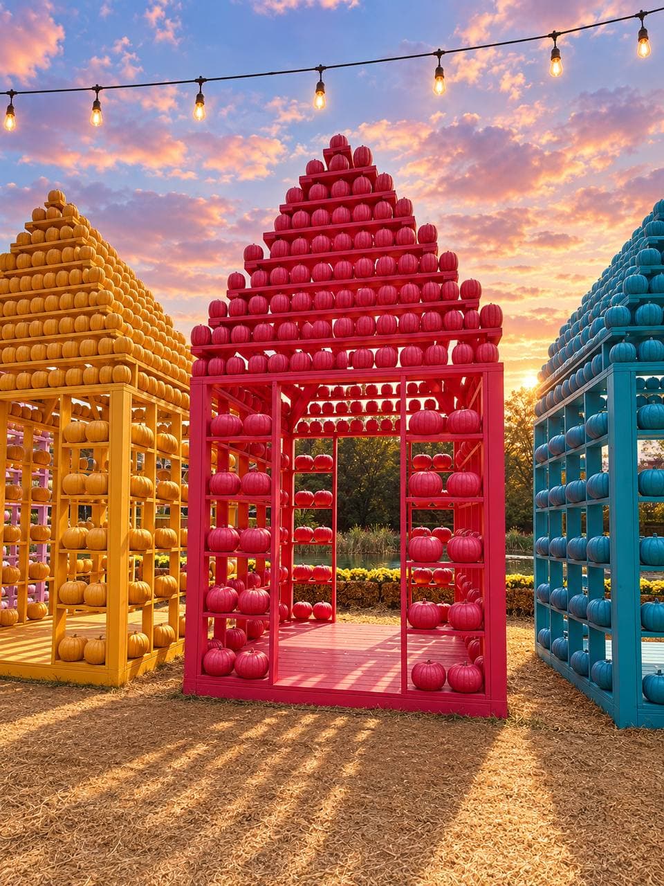A walk-in pink pumpkin house between the yellow and blue houses under string lights