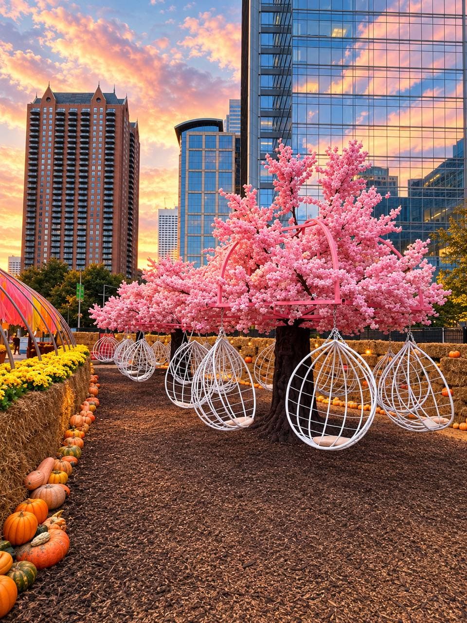 Pink blossom trees hung with white egg-shaped swing chairs, downtown towers behind