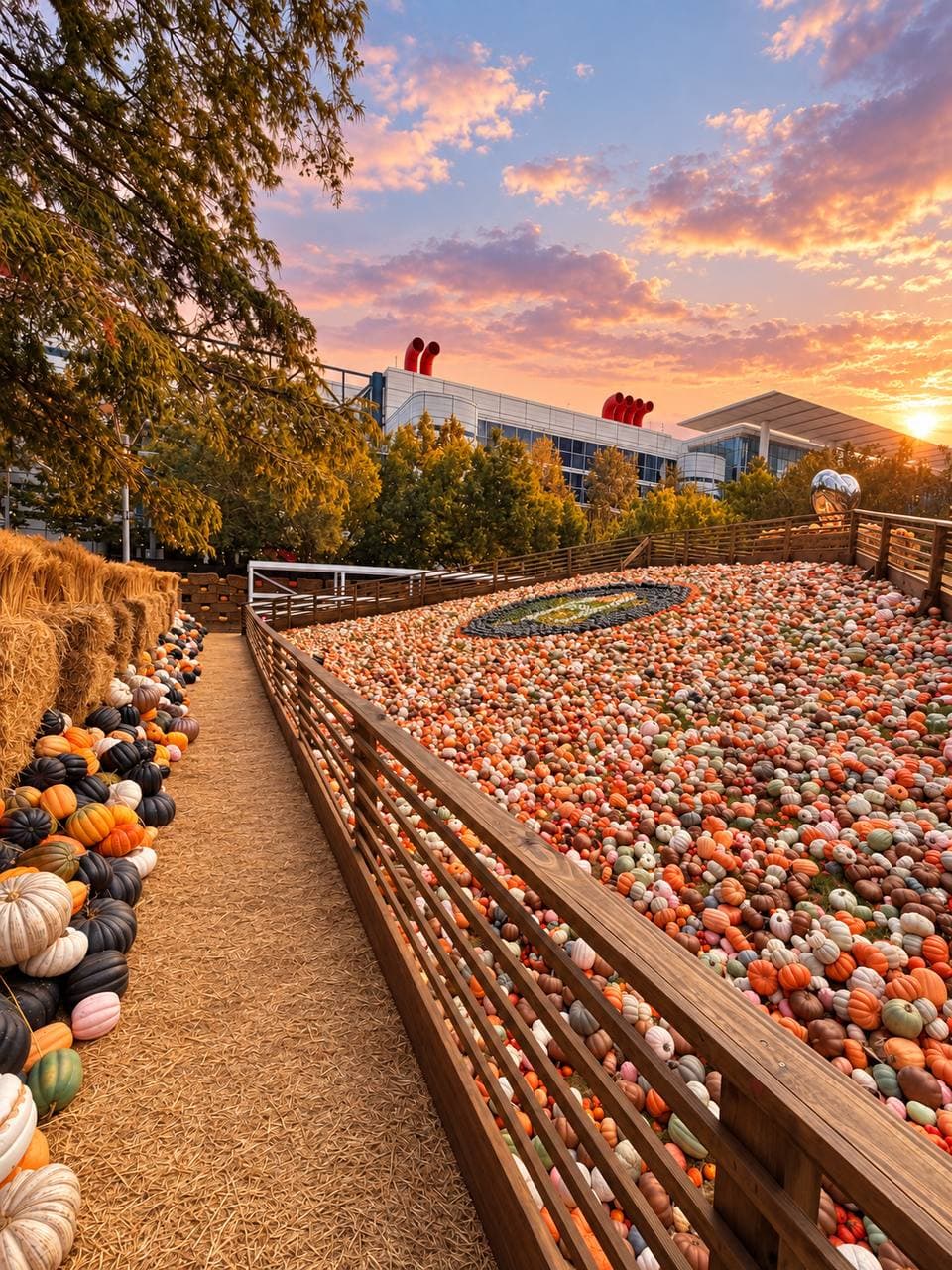 A hay-lined path beside a railed hillside covered in thousands of small pumpkins at sunset