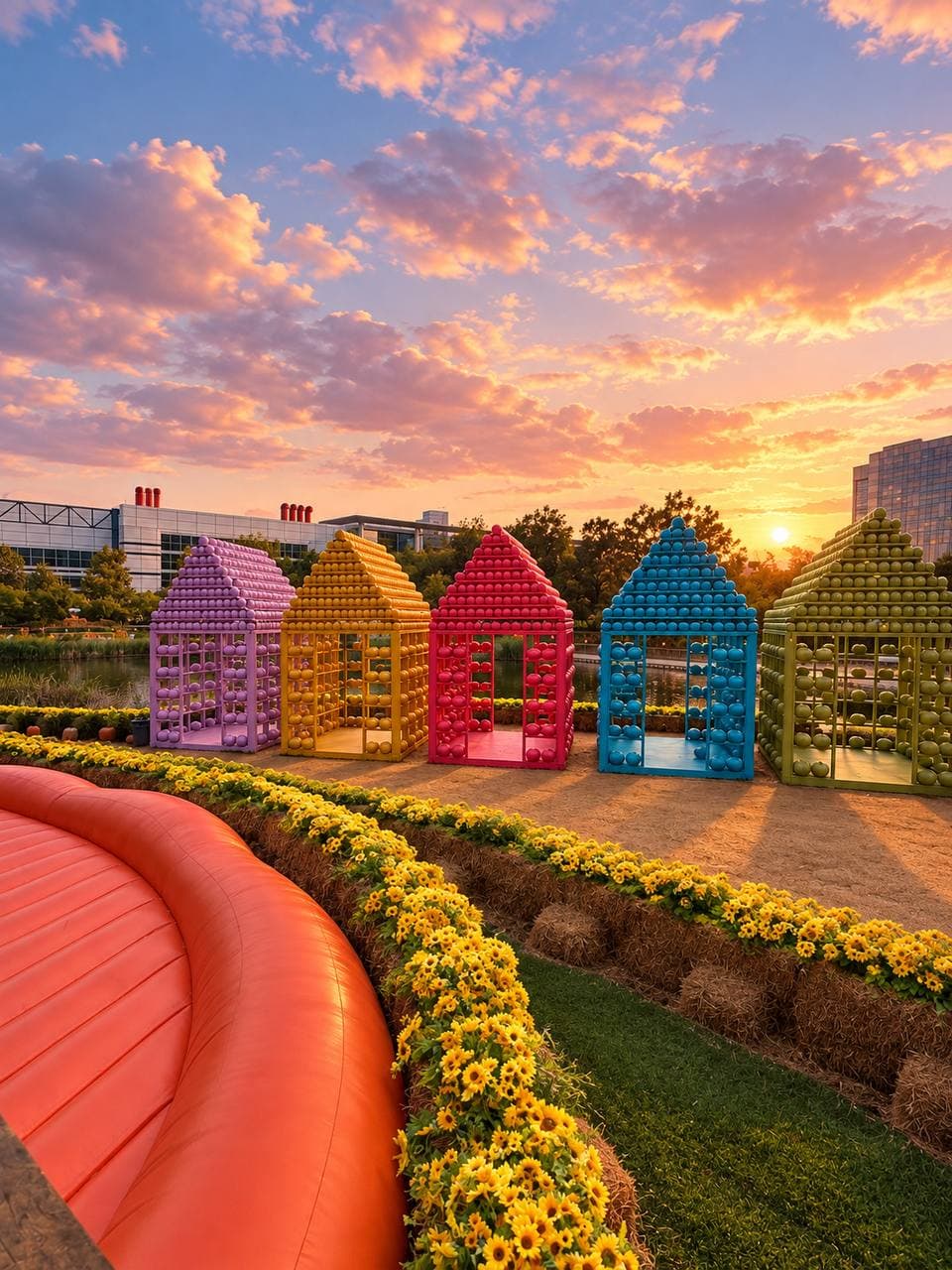 Five house-shaped frames stacked with purple, yellow, pink, blue and green pumpkins at sunset