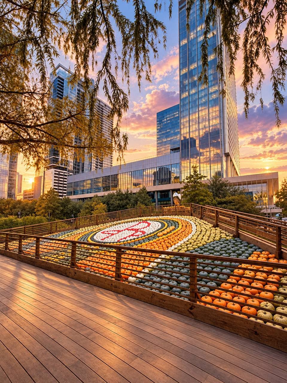 A pumpkin mosaic seen from a wooden deck, with downtown glass towers glowing at sunset